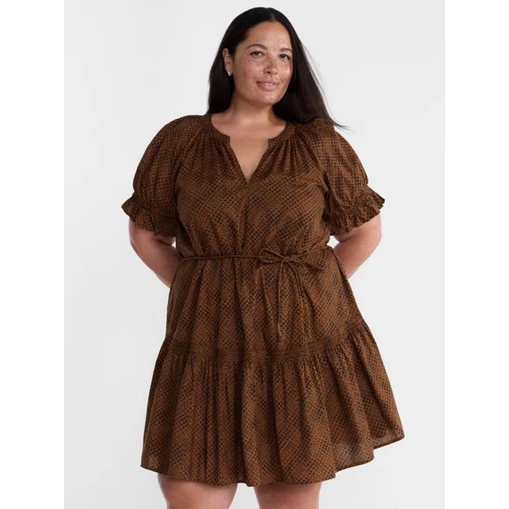 Terra & Sky Women's Plus Cotton Tiered Mini Dress with Short Puff Sleeves, Sizes 0X-5X | Walmart (US)