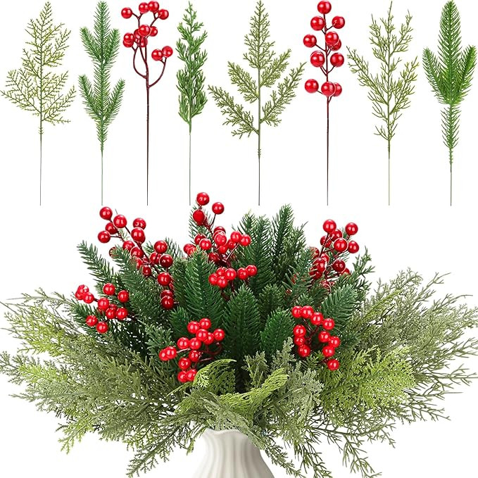 70 PCS Artificial Pine Branches with Berries, Christmas Greenery Fake Pine Needle Faux Red Berry ... | Amazon (US)