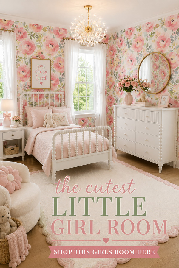 Create the cutest little girl room with beautiful watercolor floral wallpaper, a charming white spindle bed, matching dr