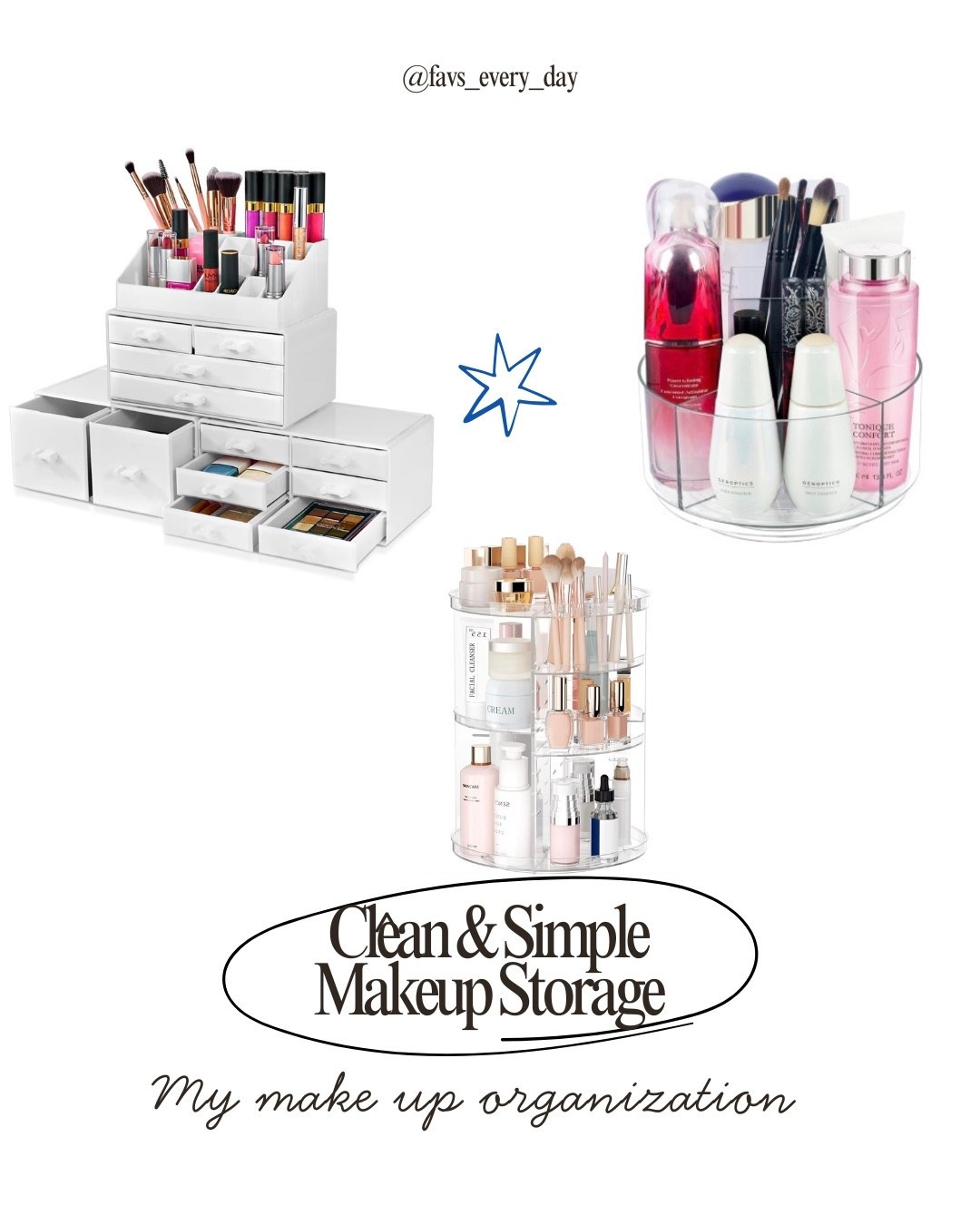 Clean & Simple Makeup Storage 🤍

If you love an organized vanity but hate clutter, this setup is a game-changer.
I keep my daily makeup, brushes, and skincare visible, easy to grab, and perfectly sorted.

✨ Clear design so you can see everything
✨ Drawers + rotating organizers = zero mess
✨ Saves space and looks aesthetic on any vanity

This is one of those small upgrades that makes getting ready feel calmer and faster every single day. Linking my favorite makeup organizers here 👇

#LTKSaleAlert #LTKU #LTKBeauty
