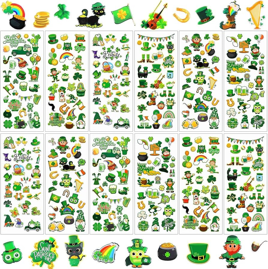 UPINS St Patrick's Day Puffy Stickers for Kids, 12 Sheets 3D Cute Shamrock Lucky Clover Hat Lepre... | Amazon (US)