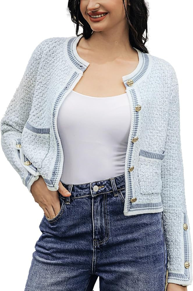 Women's Casual Cardigans Open Front Contrast Trim Short Button Long Sleeved Cropped Sweater Outwe... | Amazon (US)
