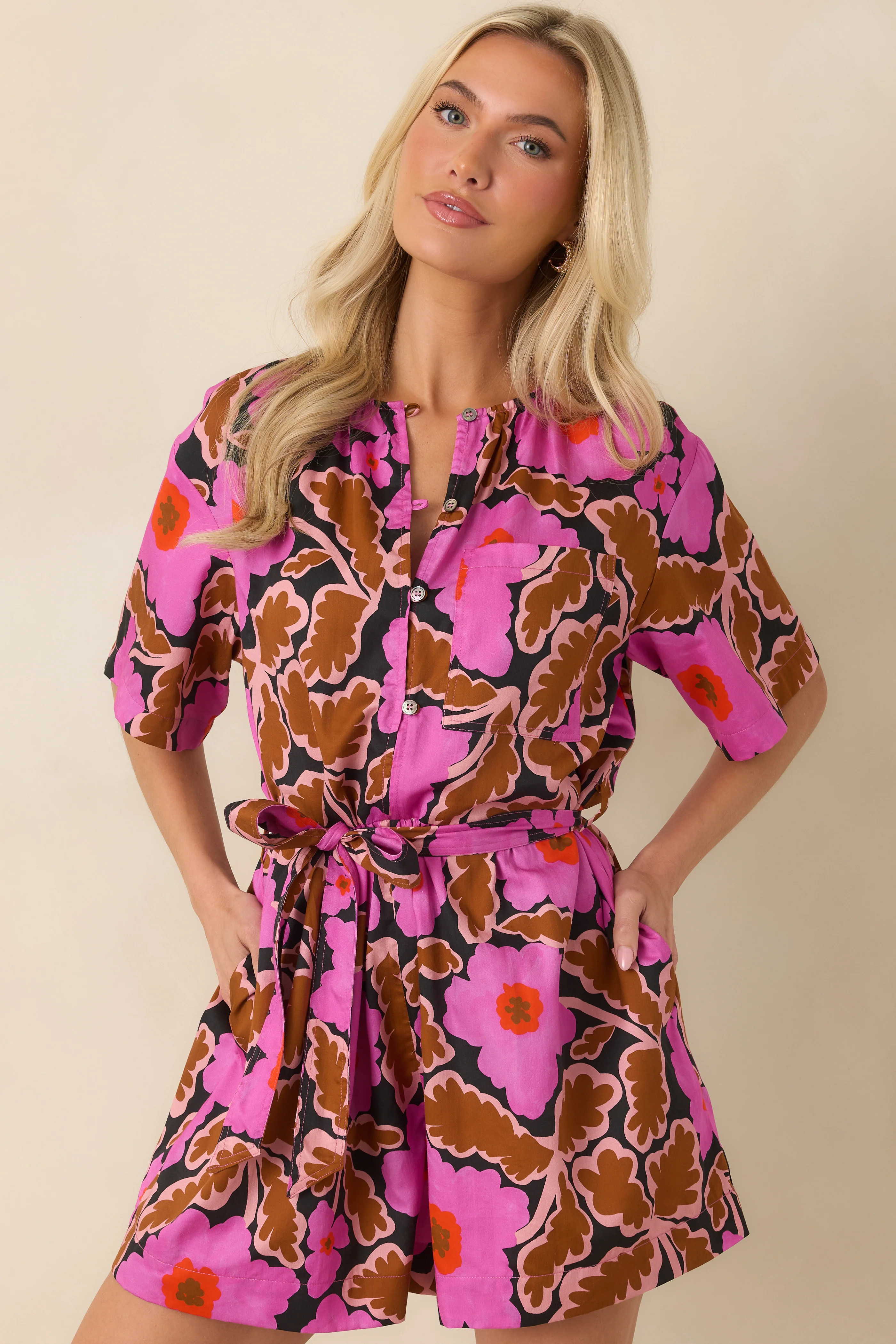 FRNCH Salvinia Vitoria Fuchsia Multi Floral Cotton Blend Playsuit | Red Dress