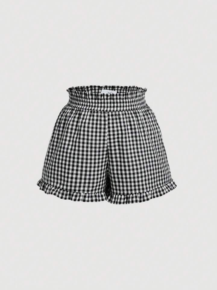 SHEIN MOD Plus Size Women's Black & White Checkered Shorts With Ruffle Hem And Pleats, Summer | SHEIN