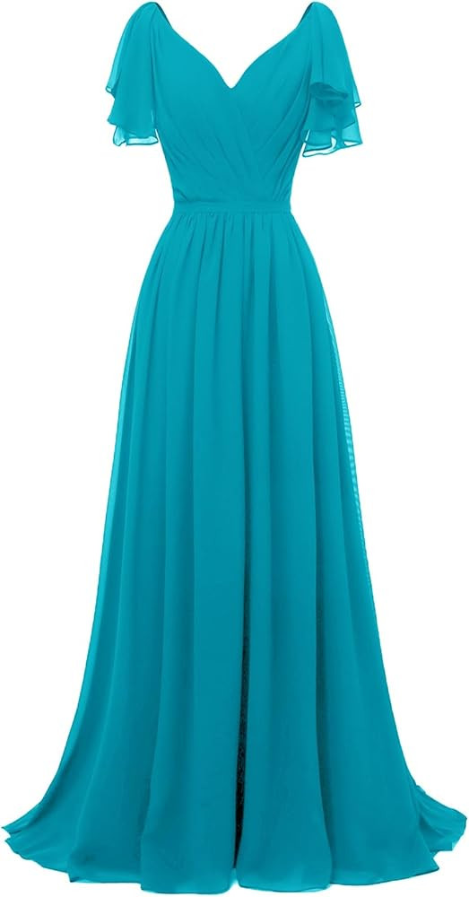 Yexinbridal Ruffle Sleeves Bridesmaid Dresses V-Neck Chiffon Long Formal Wedding Evening Party Go... | Amazon (US)