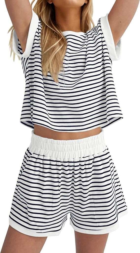MISSACTIVER 2 Piece Lounge Set Women Stripe Knit Short Sleeve Tee Shirts Shorts Casual Summer Lou... | Amazon (US)