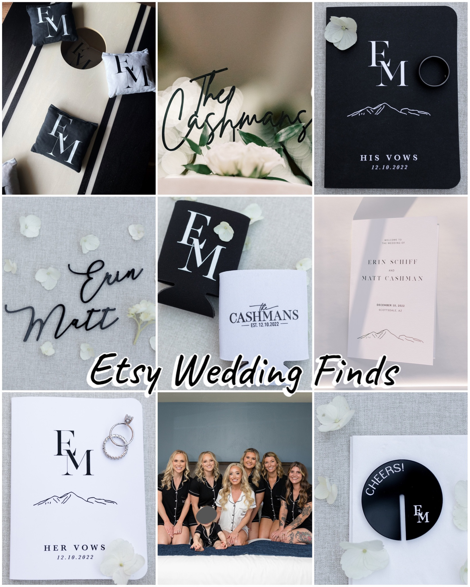 What we ordered from Etsy for our wedding 
Custom corn hole bags, cake topper, vow books, acrylic name, can coolers, ceremony program, pajamas, drink clip, kids coloring

#LTKwedding