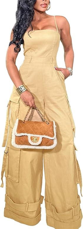 Womens Cargo Jumpsuit Sexy One Piece Outfit Wide Leg Romper Multi Pockets Overalls | Amazon (US)