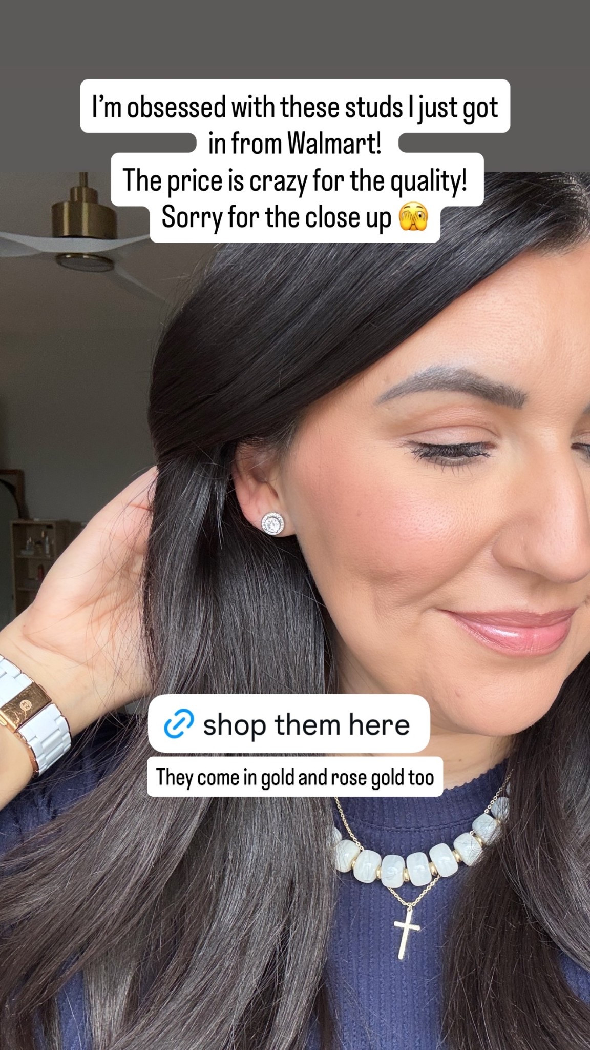 I’m obsessed with these studs I just got in from Walmart! 
The price is crazy for the quality! 
Sorry for the close up 🫣 They come in gold and rose gold too