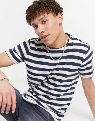 Jack & Jones Originals t-shirt in longline curve hem stripe in navy & white | ASOS (Global)