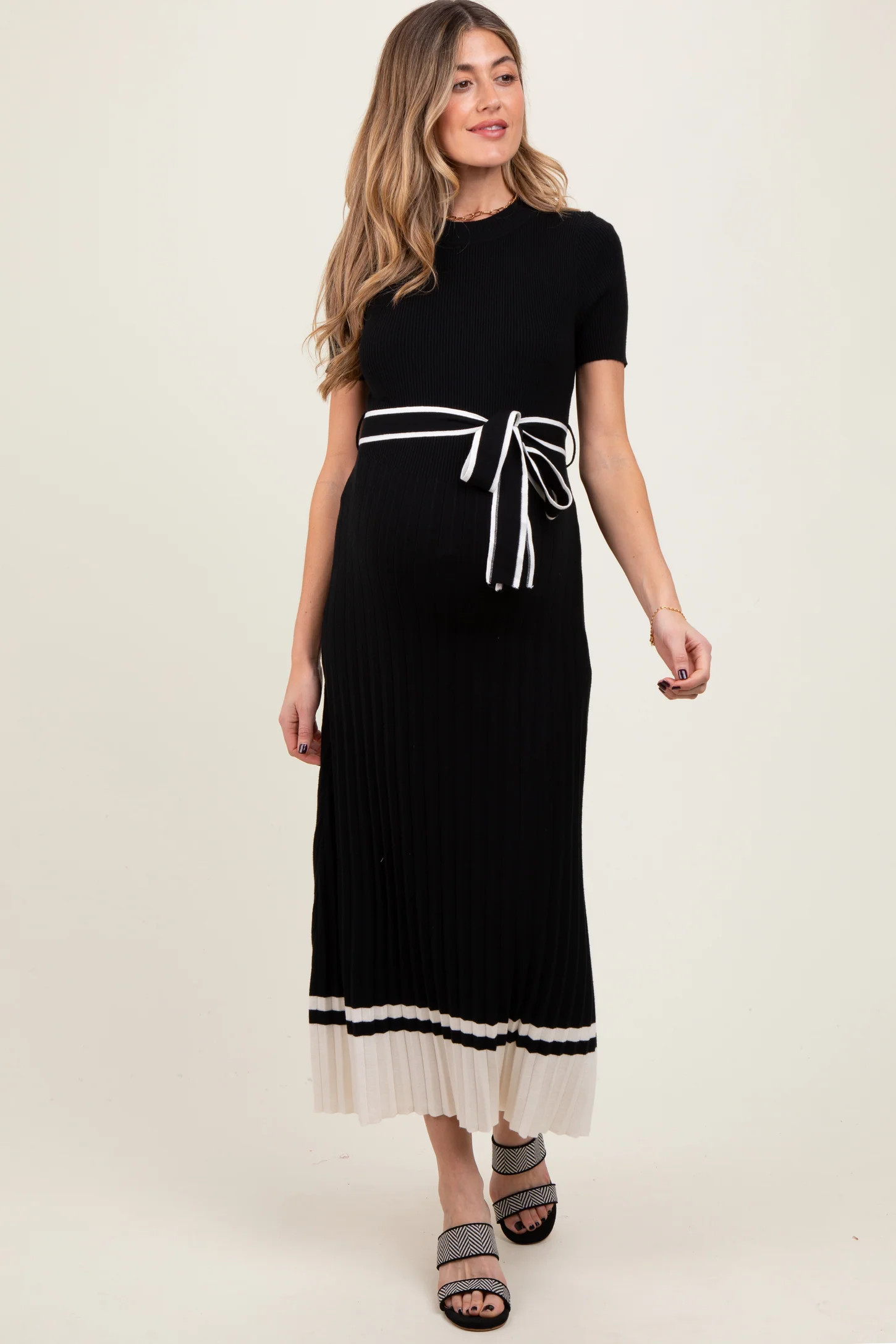 Black Ribbed Knit Pleated Maternity Midi Dress | PinkBlush Maternity