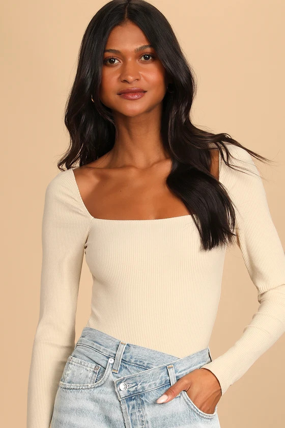 Always a Favorite Cream Ribbed Long Sleeve Bodysuit | Lulus (US)