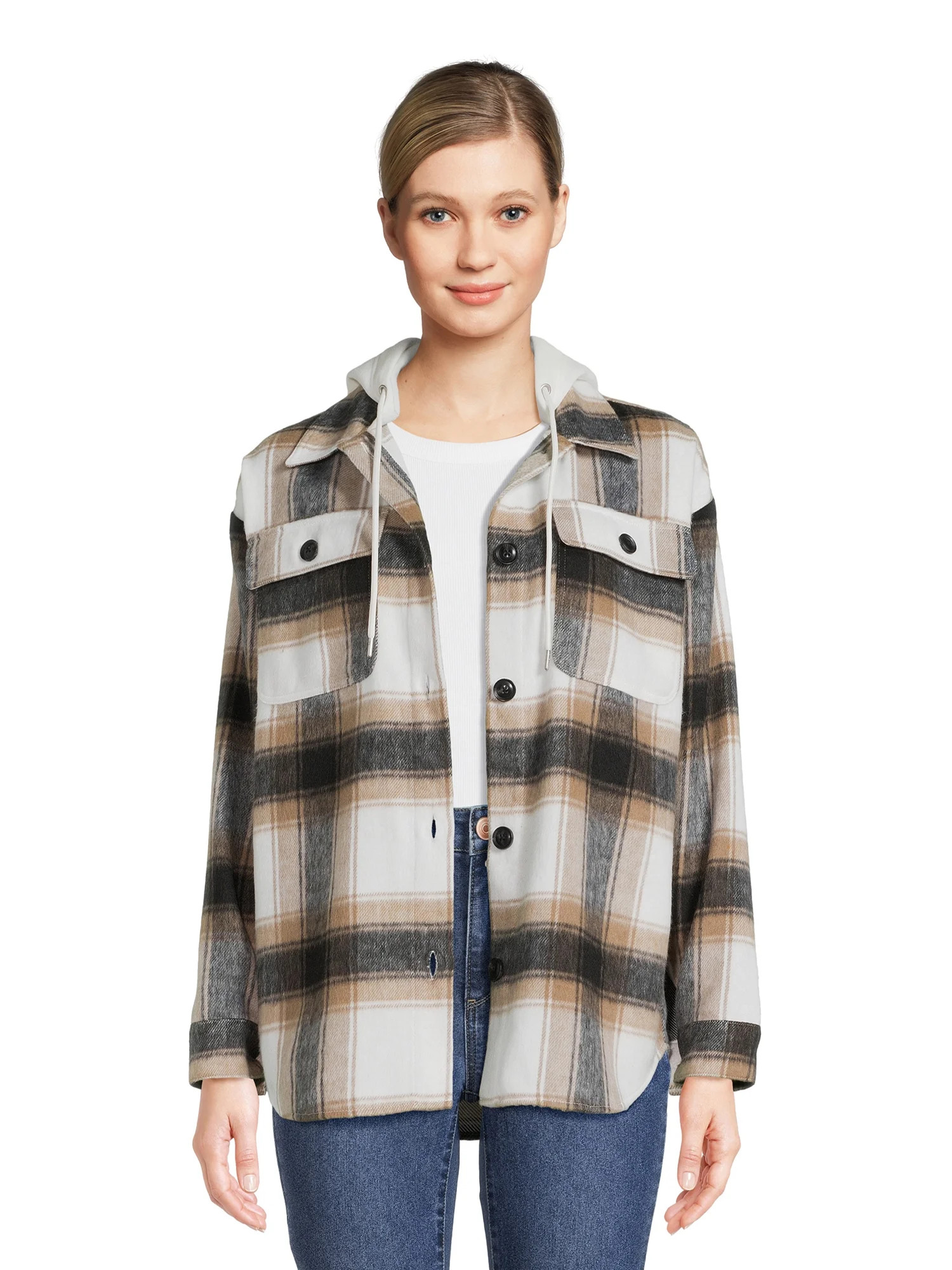 No Boundaries Juniors Shirt Jacket With Hood, Sizes XS-3XL - Walmart.com | Walmart (US)