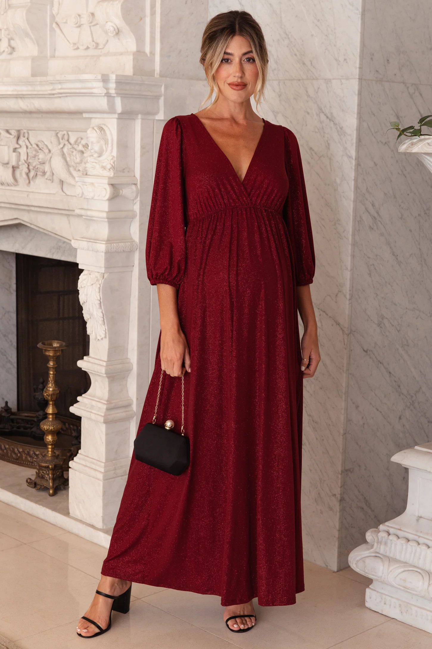 Burgundy Glitter V-Neck Maternity Maxi Dress | PinkBlush Maternity