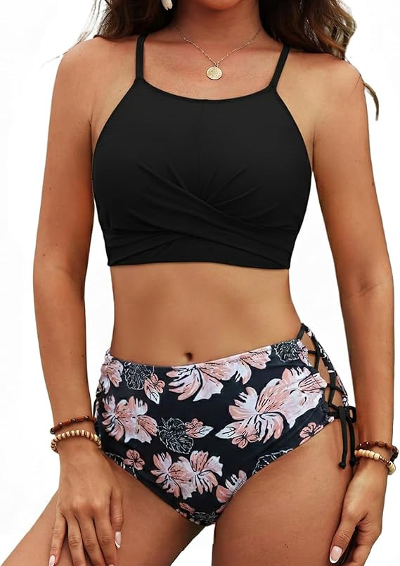 CiCiBird Women's Bikini Sets Twist Front Two Pieces High Neck Lace Up Swimsuits Bathing Suits | Amazon (US)