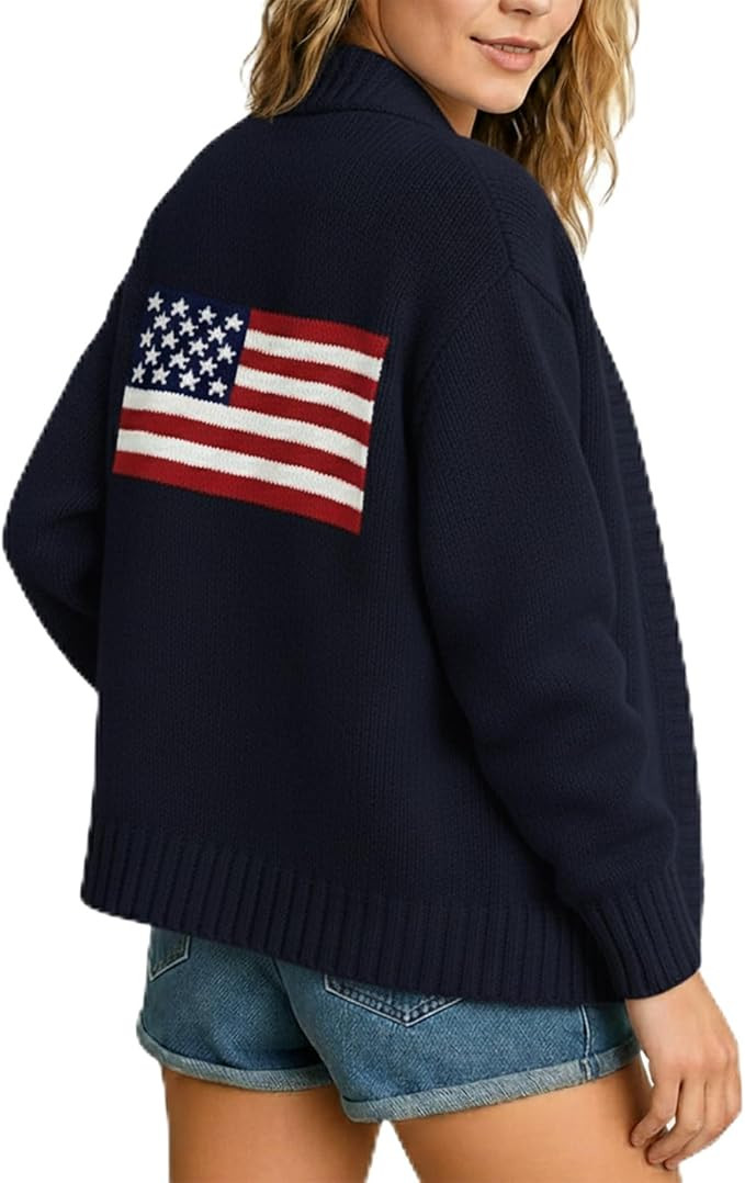 Women's American Flag Pattern Long Sleeve Lightweight Round Neck Sweater Casual Loose Pullover Ca... | Amazon (US)