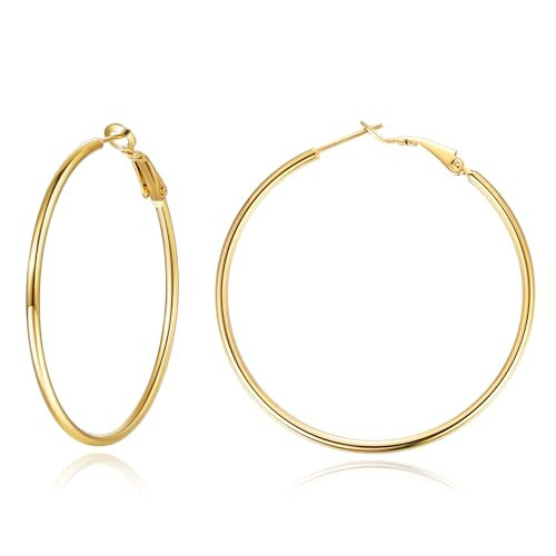 Jewlpire Medium Gold Hoop Earrings for Women, Lightweight 14K Gold Plated Hoop Earrings, Thin Gold Earrings for Women Trendy 40mm | Amazon (US)
