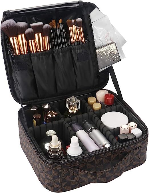 Travel Makeup Train Case for Women,Waterproof PU Leather Brown Cosmetic Bags Makeup Storage Cases... | Amazon (US)