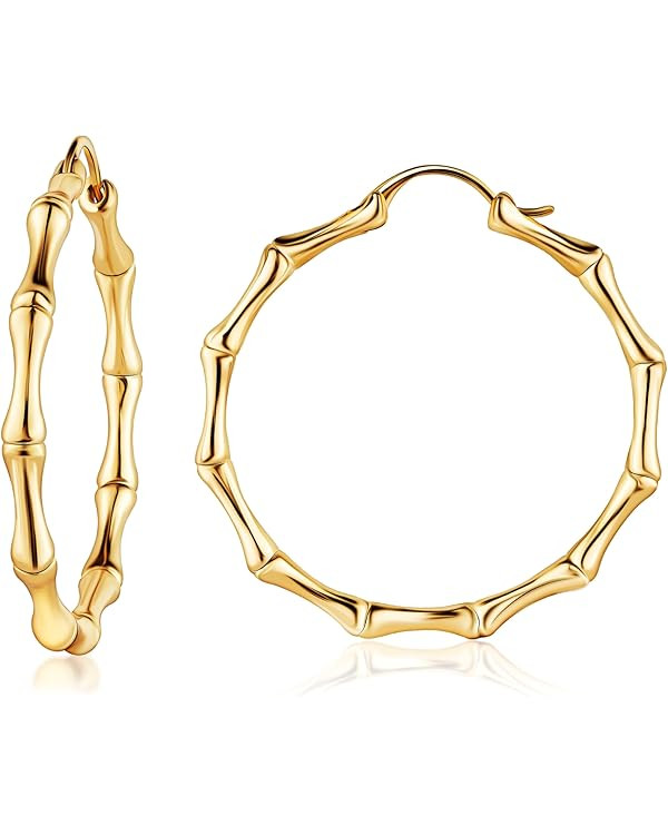 Womens Gold Bamboo Hoop Earrings | Barzel 18K Gold, Rose Gold, or White Gold Plated Bamboo Hoop E... | Amazon (US)