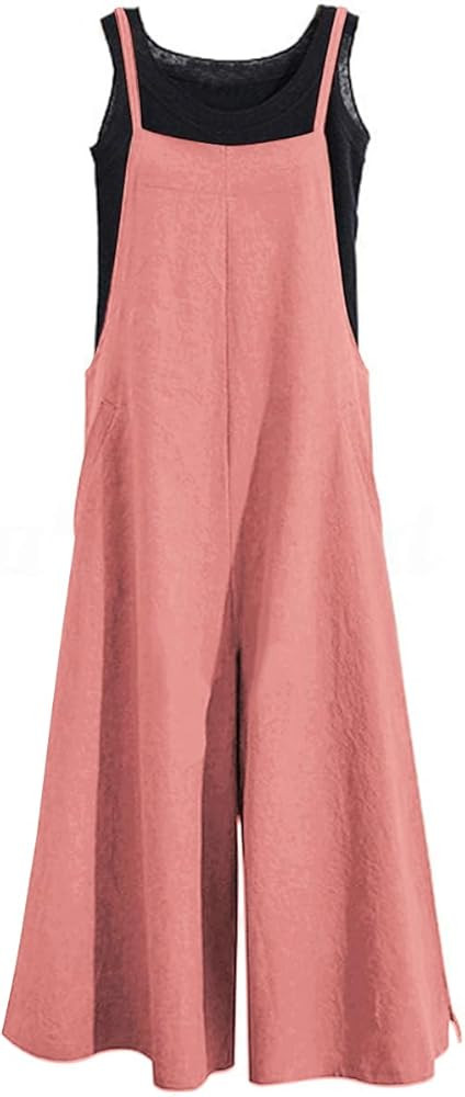 YESNO Women Casual Loose Long Bib Pants Wide Leg Jumpsuits Baggy Cotton Rompers Overalls with Poc... | Amazon (US)