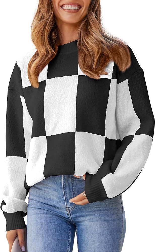 CCTOO Women's Color Block Sweaters Casual Long Sleeve Plaid Print Crew Neck Knitted Pullover Jumpers | Amazon (US)