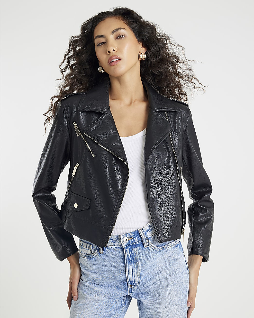 Black Faux Leather Boxy Biker Jacket | River Island UK & IE