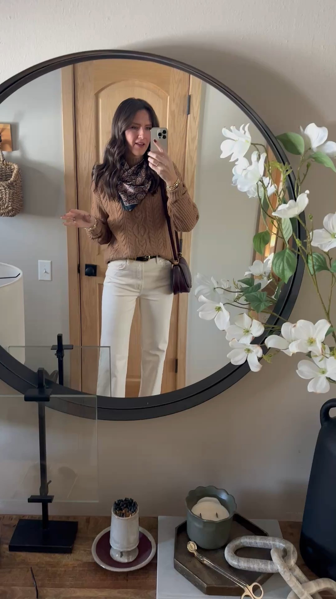 Go down a size in these jeans. They are fantastic! Wearing a 26 long. Small tall sweater. 