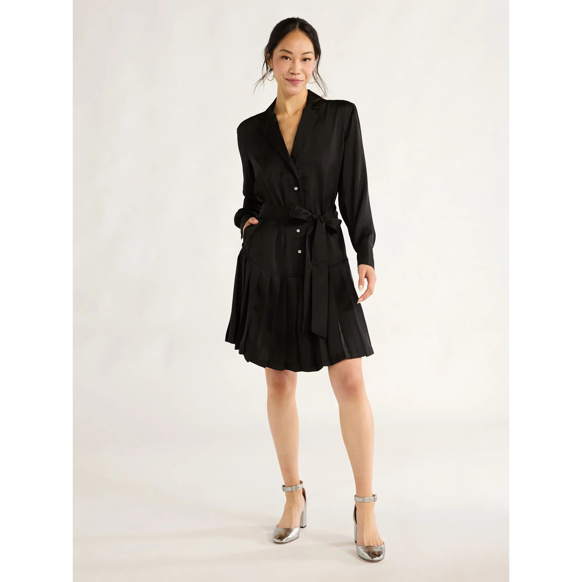 Free Assembly Women's Pleated Mini Shirtdress with Long Sleeves, Sizes XS-XXL | Walmart (US)