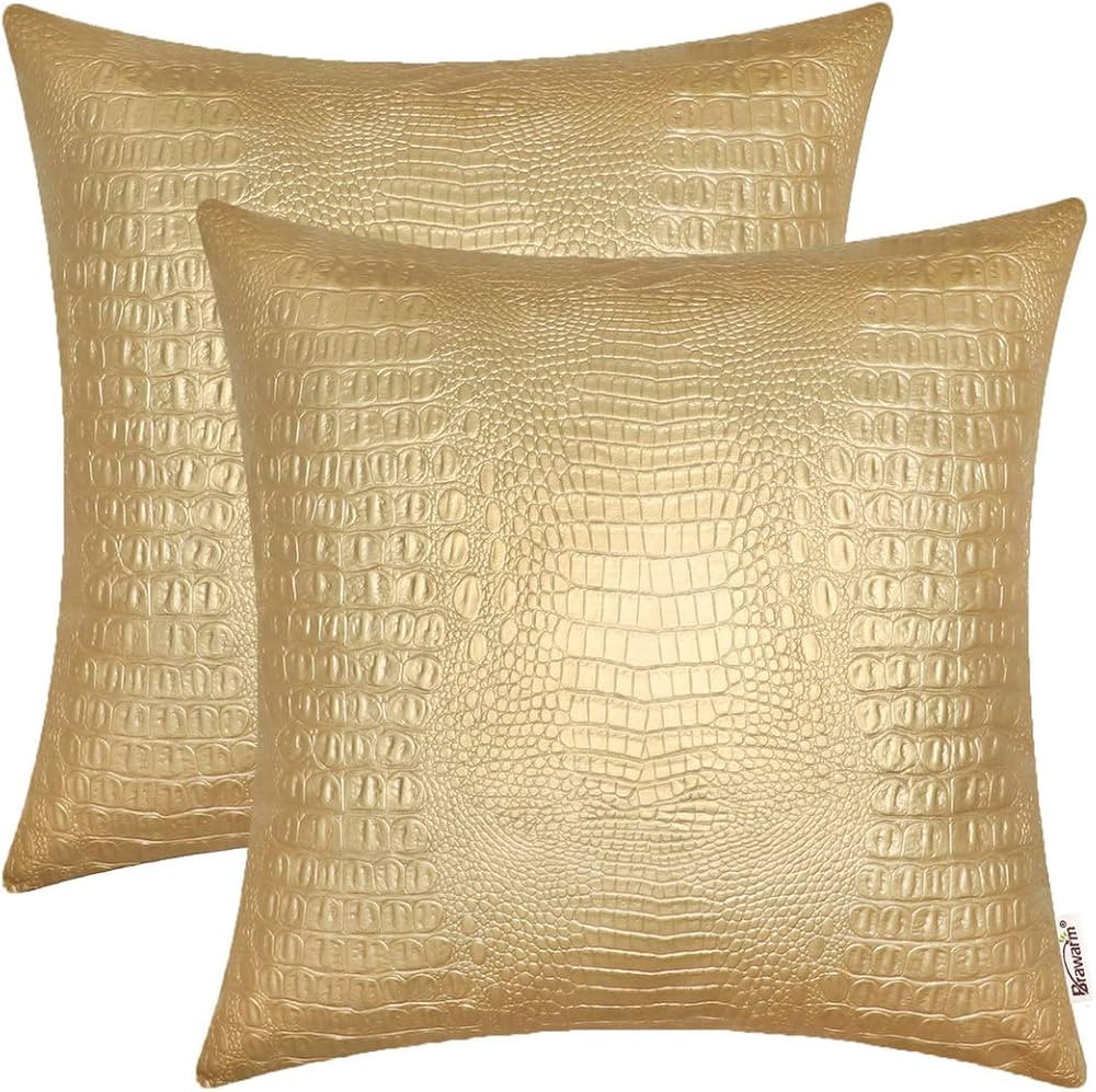 BRAWARM Faux Leather Pillow Covers 20 X 20 Inches, Gold Leather Pillow Covers Pack of 2, Crocodil... | Amazon (US)