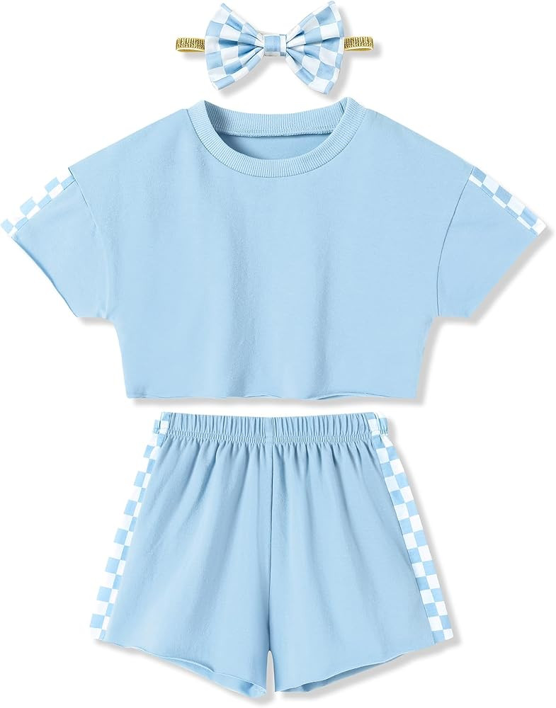 SANMIO Toddler Girl Clothes Summer 3 Piece Outfits Cute Short Sleeves Checkered Tops Shorts and H... | Amazon (US)