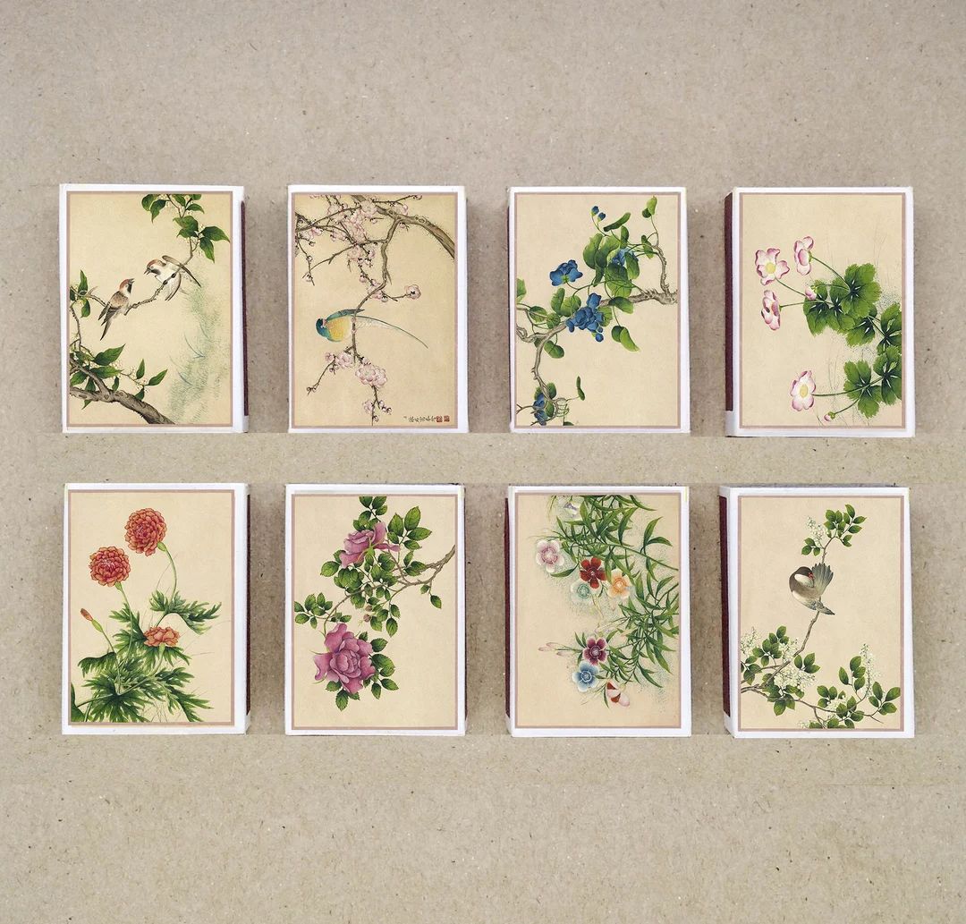 set of 8 MATCHBOX various Flower and bird paintings botanical artworks China vintage style printi... | Etsy (US)
