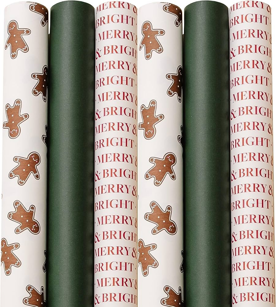 Merry Market 6-pack Premium Matte Christmas Wrapping Paper, Minimal Holiday Gift Wrap, 2 Gingerbr... | Amazon (US)