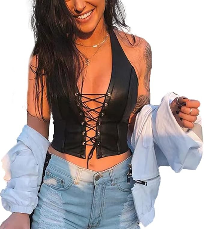 Women Halter Backless Tank Tops Sexy Rivet String Lace Up Leather Tops Camisole | Amazon (US)