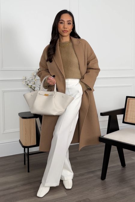 Ways to wear a camel coat 🤍 

White trousers, camel coat, winter outfit, Demellier London bag, white boots 

#LTKstyletip #LTKworkwear #LTKeurope