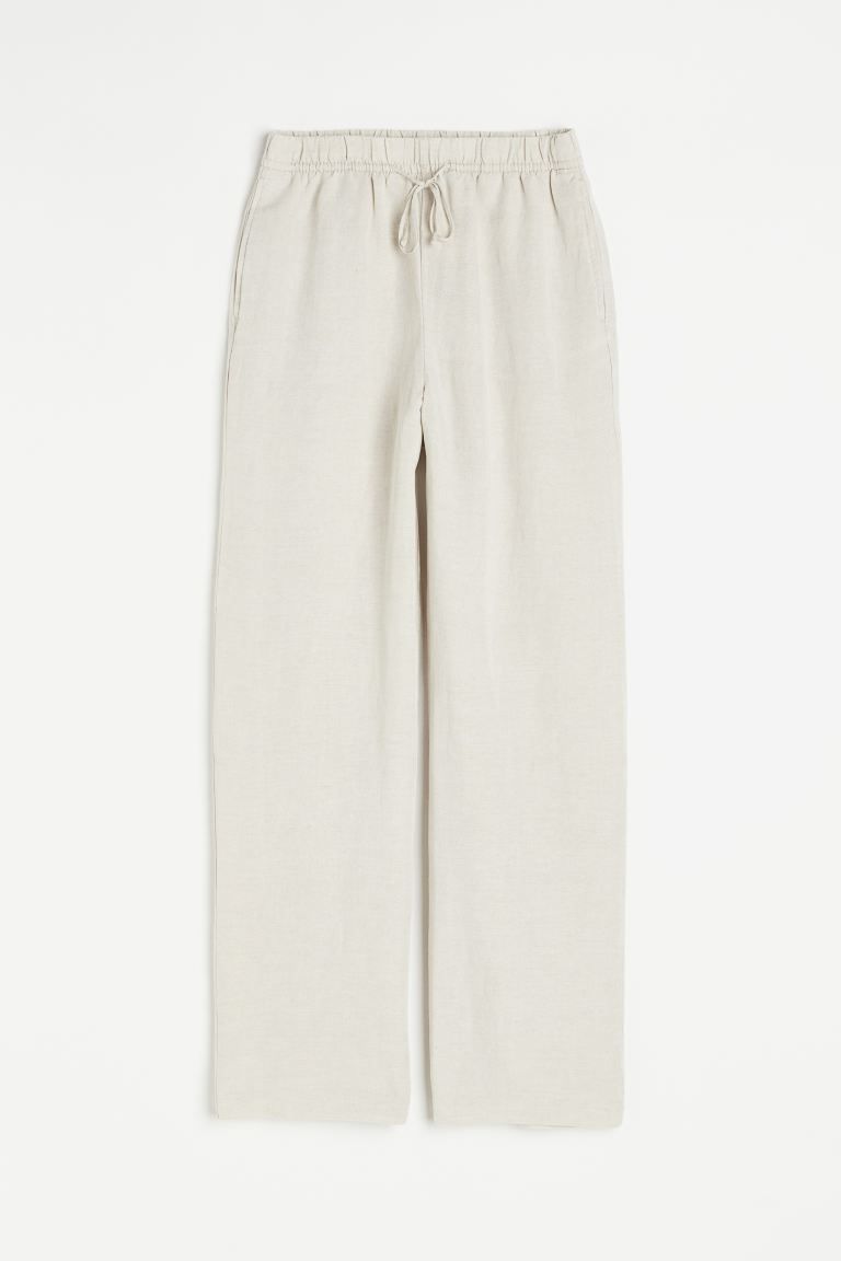 Linen-blend pull-on trousers - High waist - Long - Light khaki green - Ladies | H&M GB | H&M (UK, MY, IN, SG, PH, TW, HK)