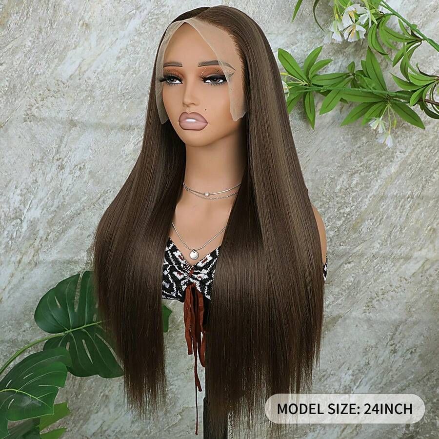 13x6 Synthetic Lace Front Wig 24 Inches Long Straight Brown Color Deep Free Part Lace Frontal Wig... | SHEIN