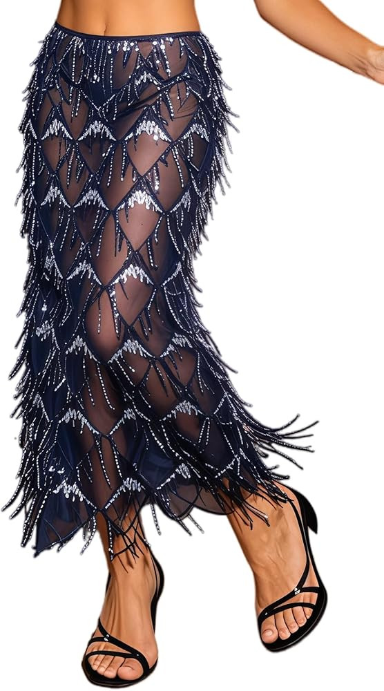AXX Women's Sequin Fringe Midi Skirt - Sheer Mesh Sparkly Tassel Skirt with Side Slit, Elastic Wa... | Amazon (US)