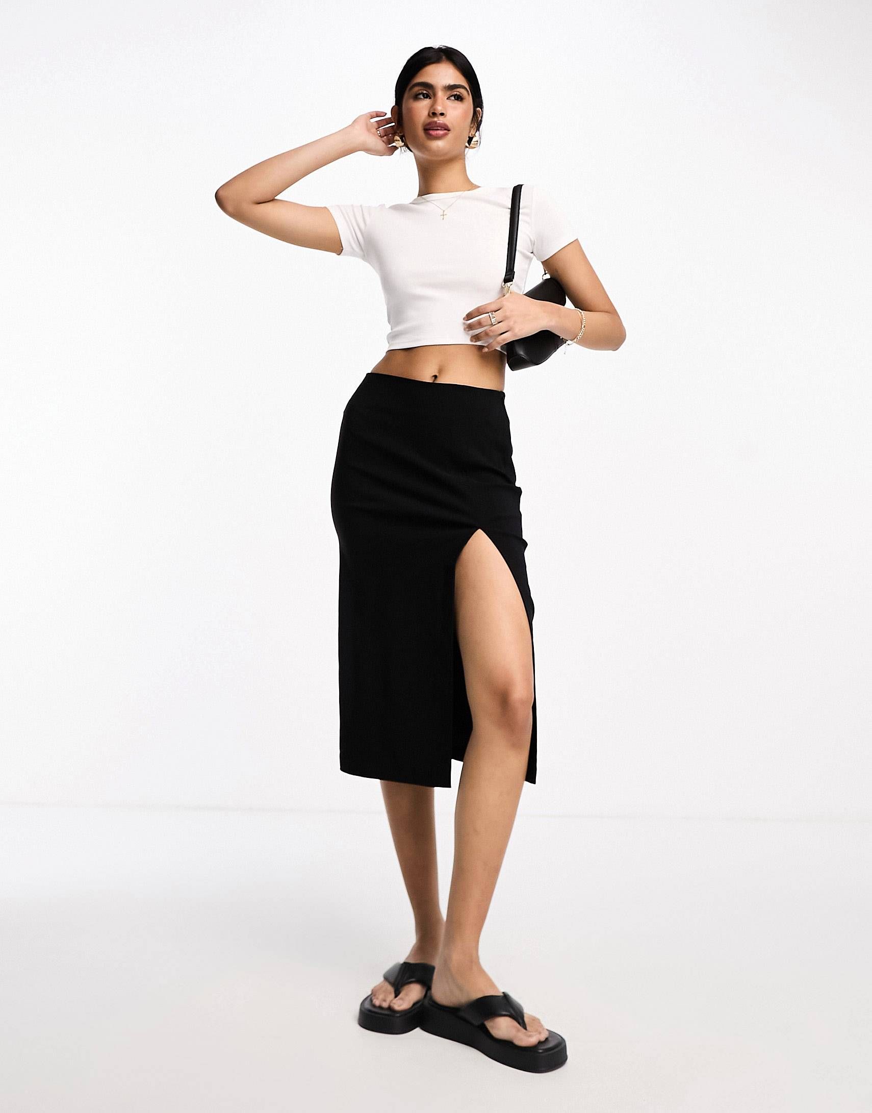 ASOS DESIGN bengaline midi skirt with split detail in black | ASOS (Global)