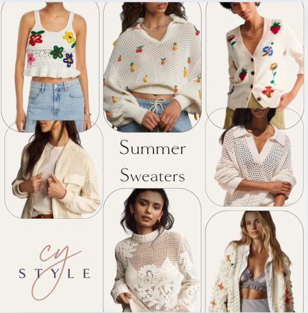 Fun crochet summer sweaters! Perfect for chilly 🥶 places where the A/C is blaring and breezy nights on the beach 🏝️  Lots of fruit 🍉 🍎 🍌 appliqués 
#summersweater #crochet 

#LTKOver40 #LTKStyleTip #LTKSeasonal