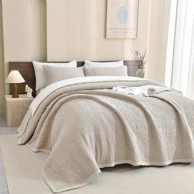 Sanracie Cotton Oversized King Bedspread(120"x120"),Wheat Waffle Weave Quilt Set 3Pcs Soft Lightw... | Amazon (US)