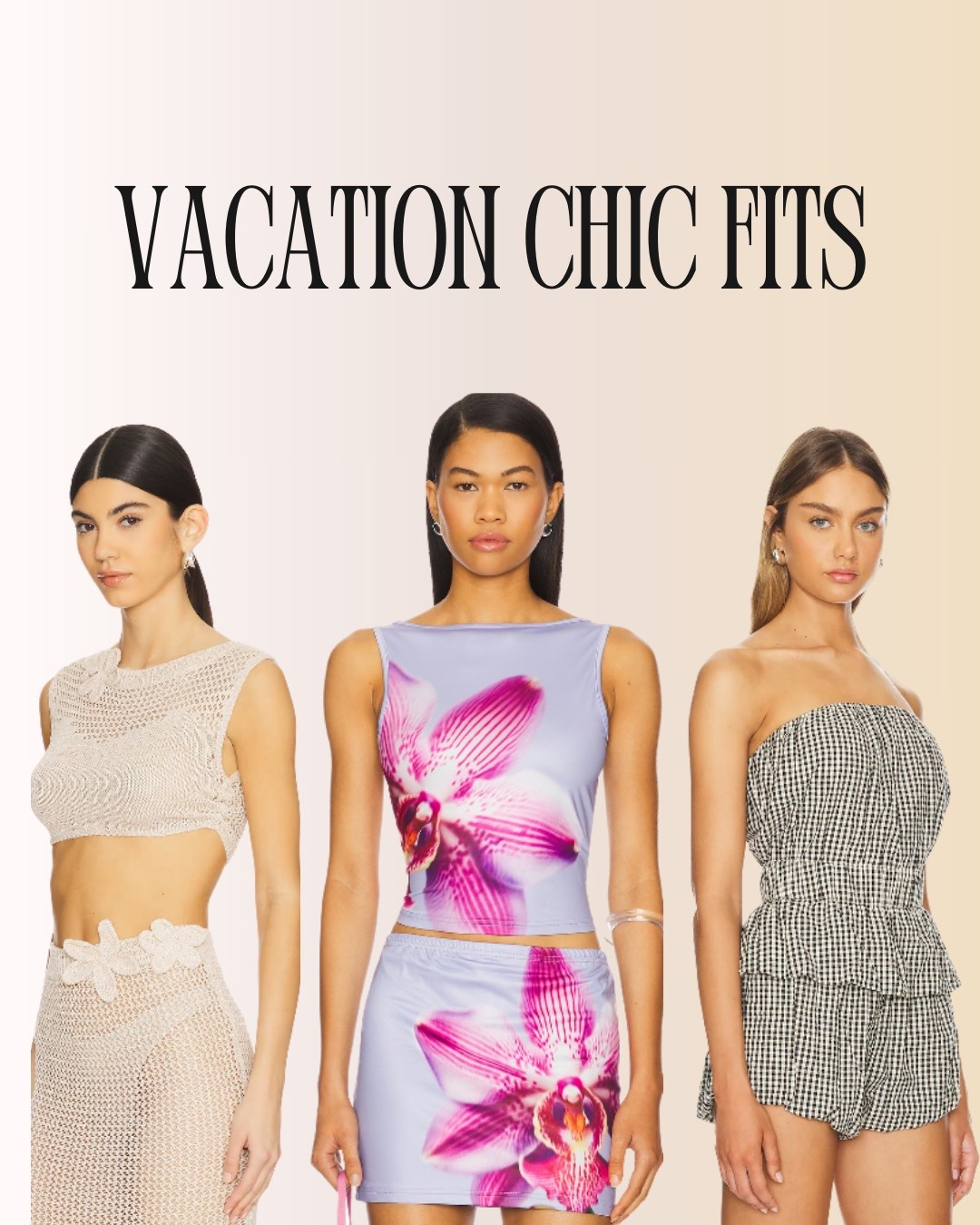 These vacation-ready outfits are perfect for your next getaway. The first look features a crochet matching set with floral accents—ideal for beachside lounging. The second outfit brings tropical vibes with a floral-print two-piece set, while the third is a timeless gingham strapless romper that’s both cute and comfortable for exploring or brunching.

vacation outfits, matching set, crochet outfit, floral print, two-piece set, gingham romper, summer fashion, resort wear, beach looks, vacation chic

#LTKSeasonal #LTKTravel