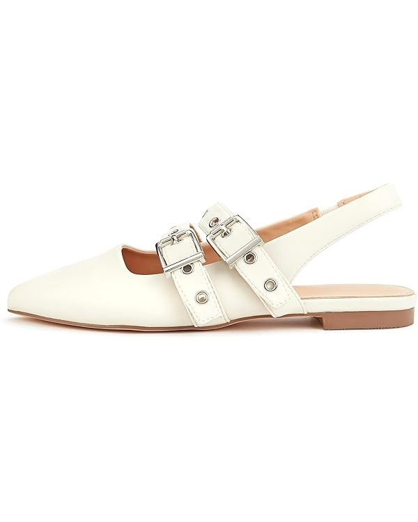 LUCKY STEP Women's Slingback Buckle Flats Ballet Poninted Toe Block Heel Dress Adjustable Strap M... | Amazon (US)