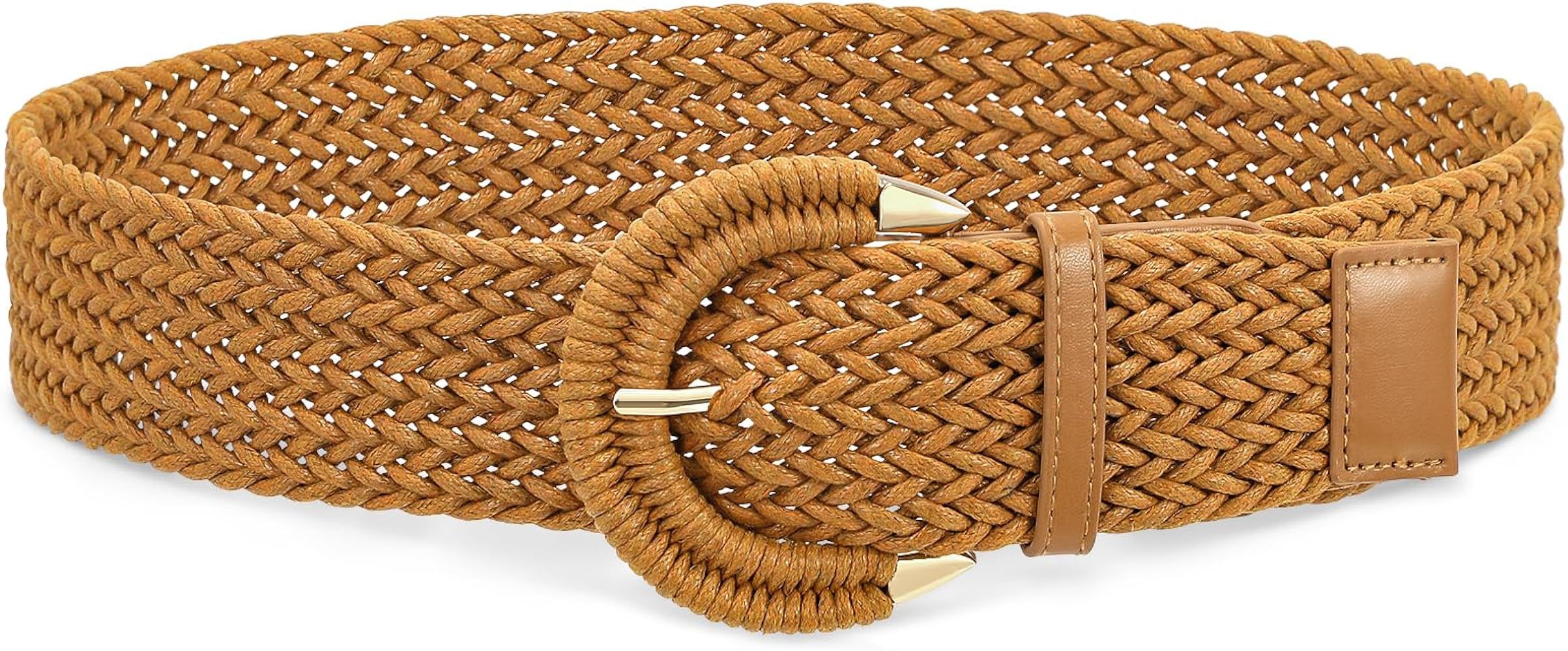 SANSTHS Women Braided Rattan Wide Belt Woven Waist Belt With Half-Circle Buckle for Summer Dress Jea | Amazon (US)