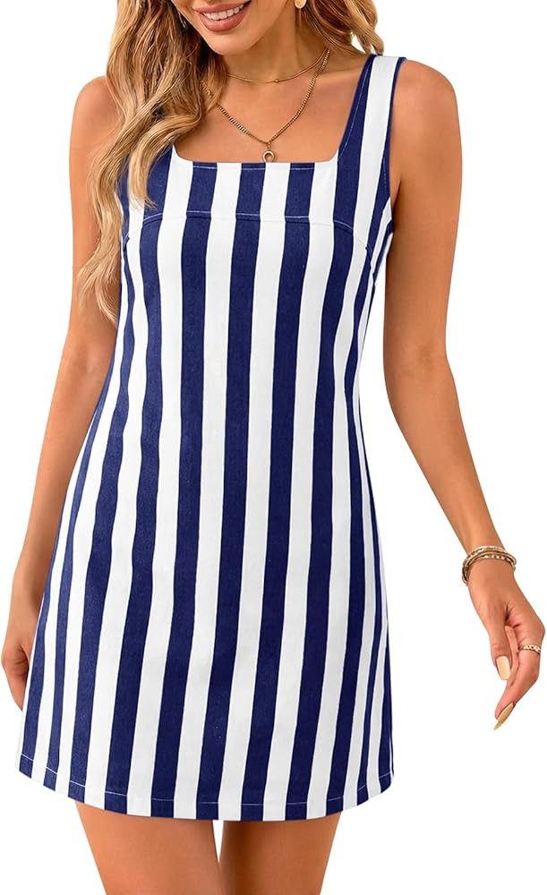 Cicy Bell Womens Summer Striped Denim Mini Dresses Square Neck Sleeveless Short Sundress Vacation... | Amazon (US)