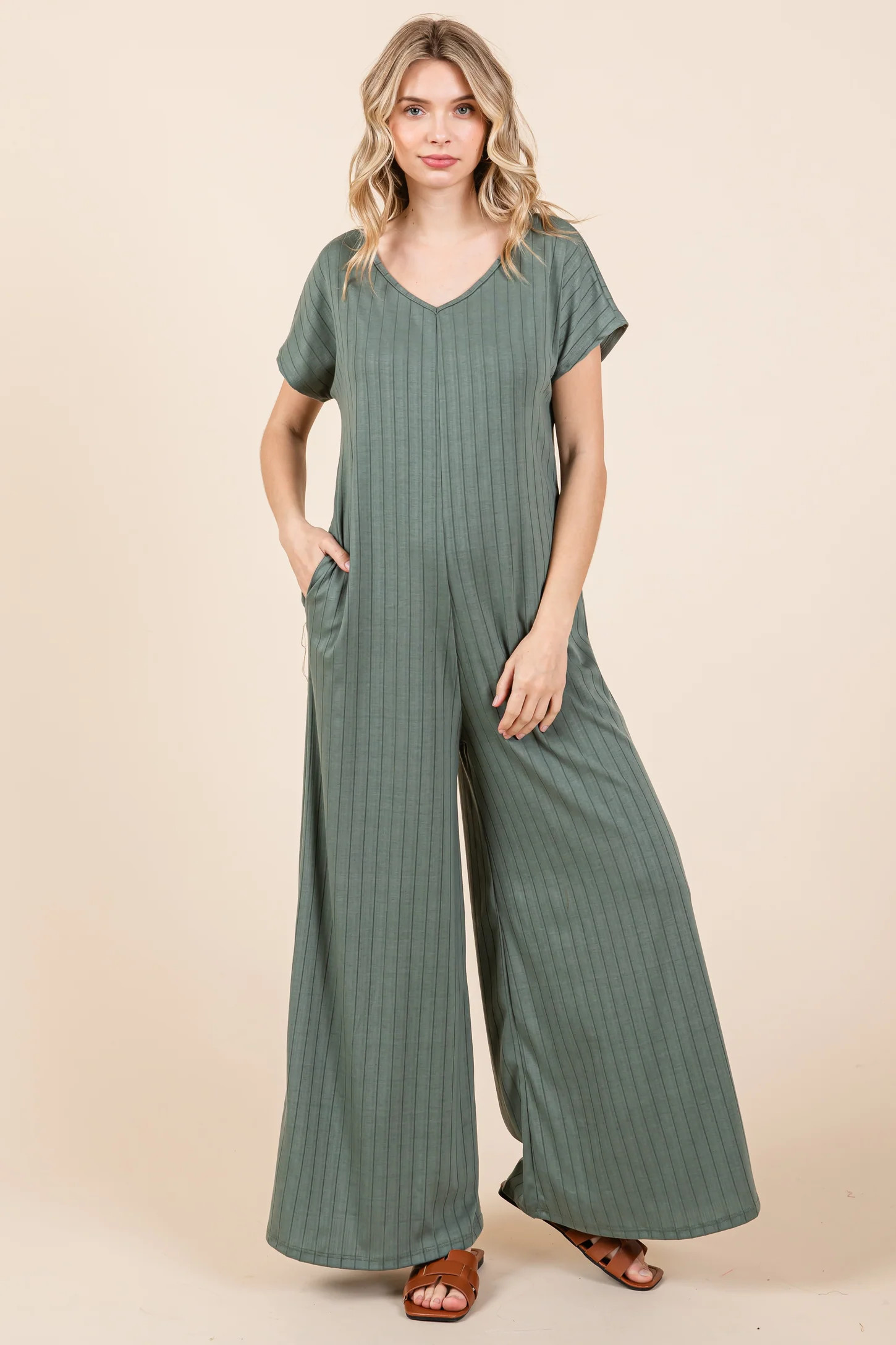 Olive Ribbed Wide Leg Jumpsuit | PinkBlush Maternity