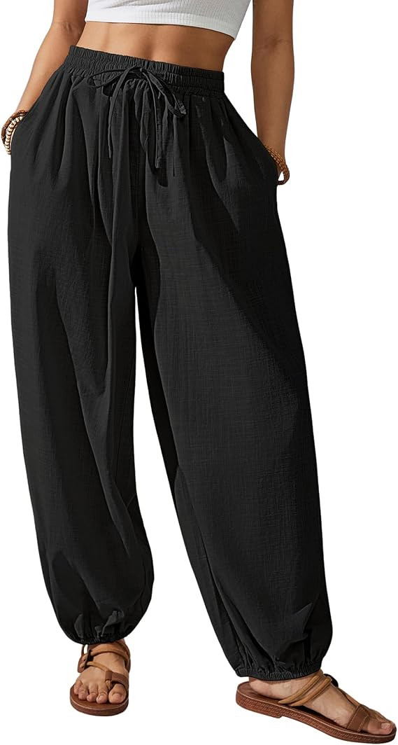 Bsubseach Womens Cotton Harem Pants Elastic Waist Baggy Pant Drawstring Lantern Trouser Loose Bea... | Amazon (US)