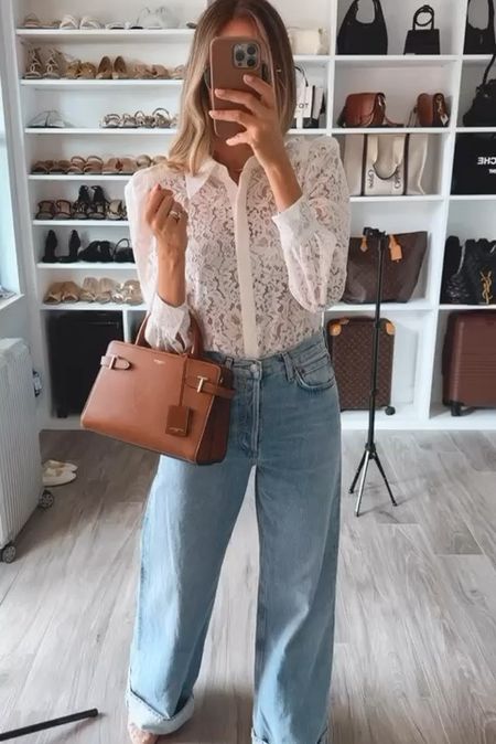 Gorgeous casual chic spring outfit Idea that I am loving! The details on this shirt are stunning. Love how flattering and stylish this wide leg jeans are. Blouse  runs true to size I am wearing size small on and 26 on pants. Jeans run a bit large so size it down one size . 

#LTKstyletip #LTKSeasonal #LTKU