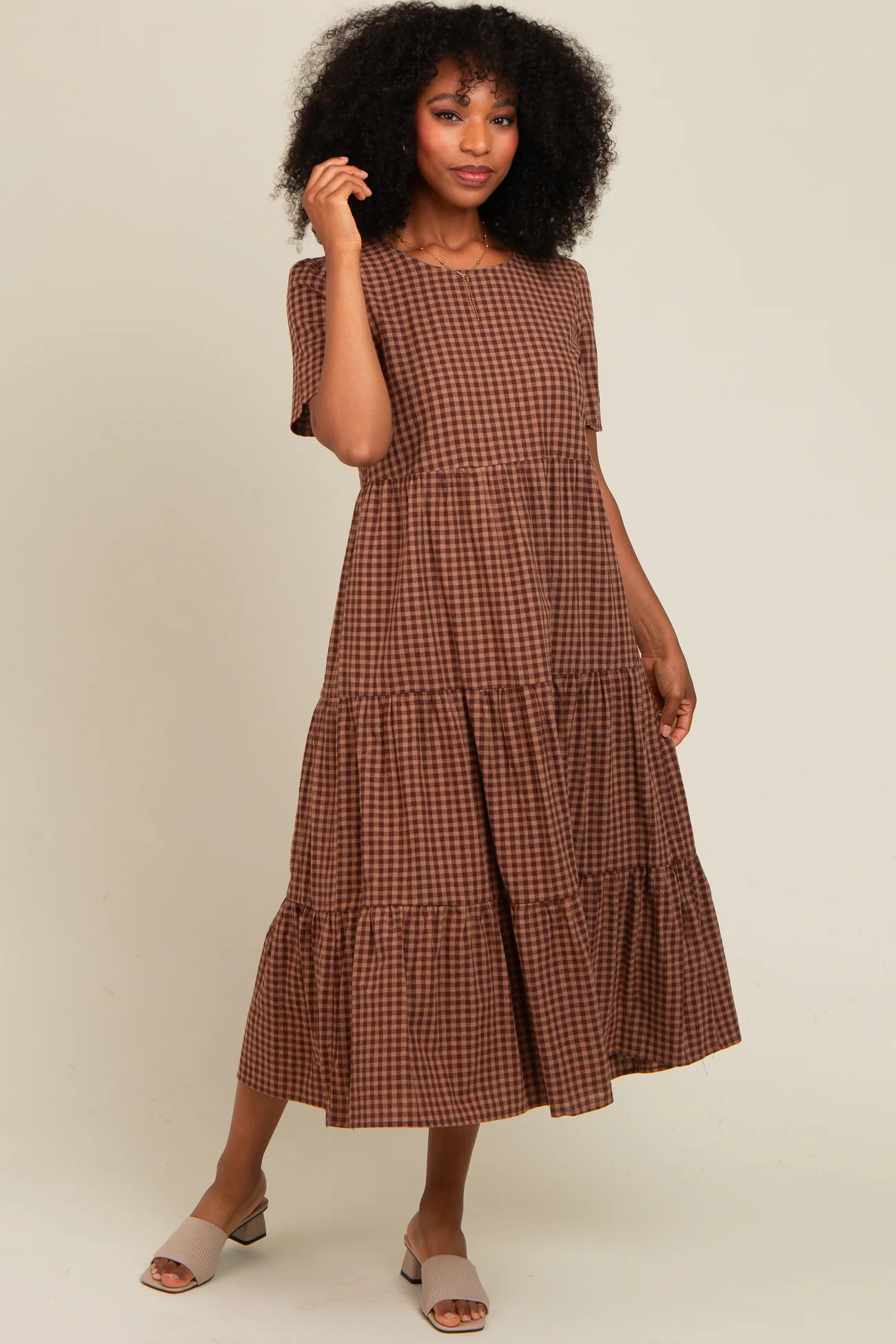 Mocha Gingham Tiered Midi Dress | PinkBlush Maternity