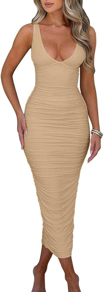 BEAGIMEG Women's Sexy Ruched Sleeveless Deep V Elegant Cocktail Evening Party Maxi Dress | Amazon (US)