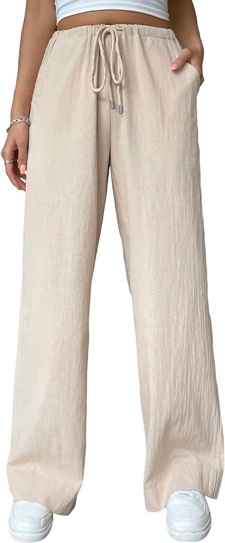 SOLY HUX Women's Drawstring High Waisted Wide Leg Pants Casual Long Pants Trousers with Pocket | Amazon (US)